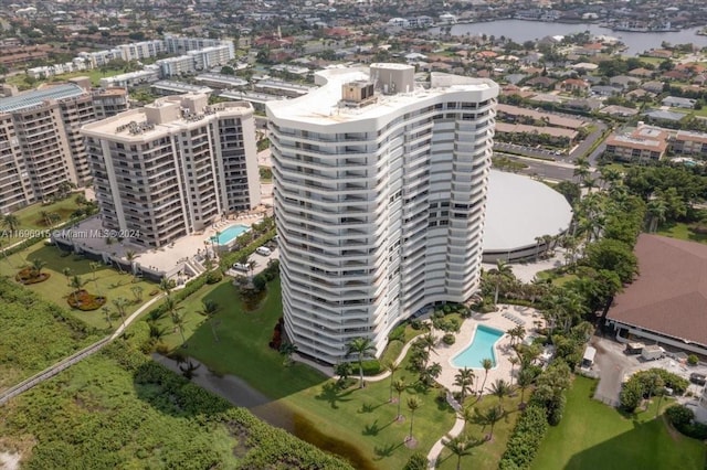 birds eye view of property featuring a water view