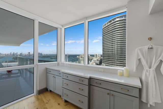 interior space featuring hardwood / wood-style floors and a water view