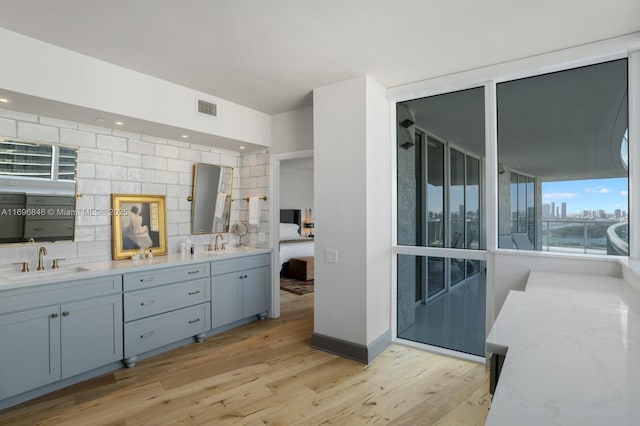 bathroom with hardwood / wood-style flooring and vanity