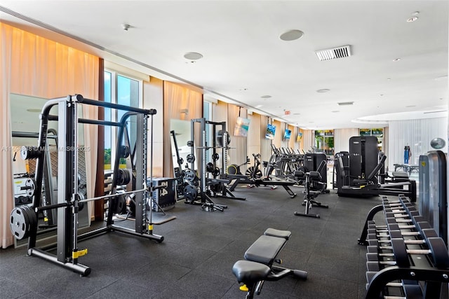 workout area featuring floor to ceiling windows