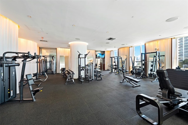 workout area featuring floor to ceiling windows