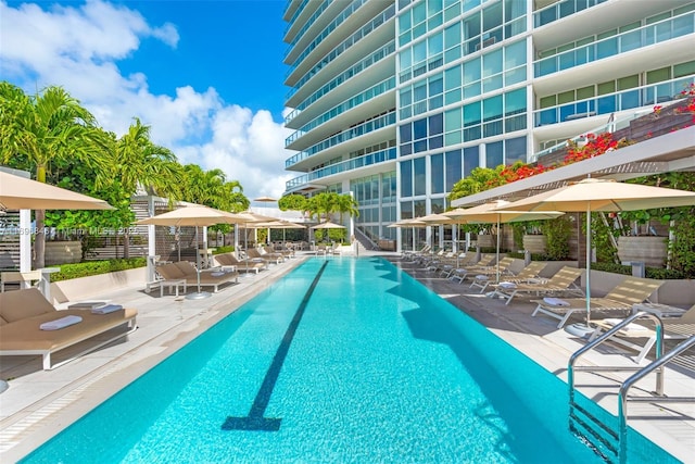 view of swimming pool featuring a patio