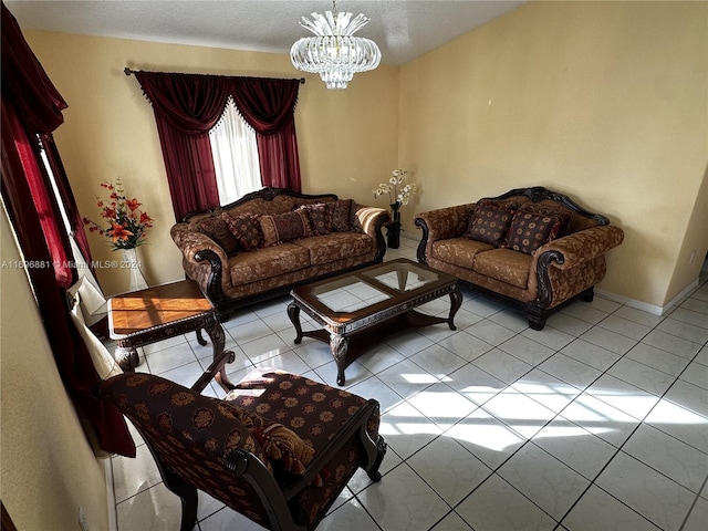 living room featuring light tile patterned floors and an inviting chandelier