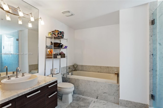 full bathroom with tile patterned flooring, vanity, independent shower and bath, and toilet