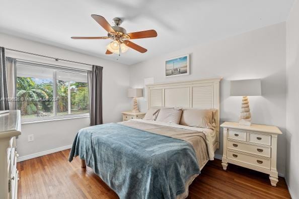 bedroom with ceiling fan and dark wood-type flooring