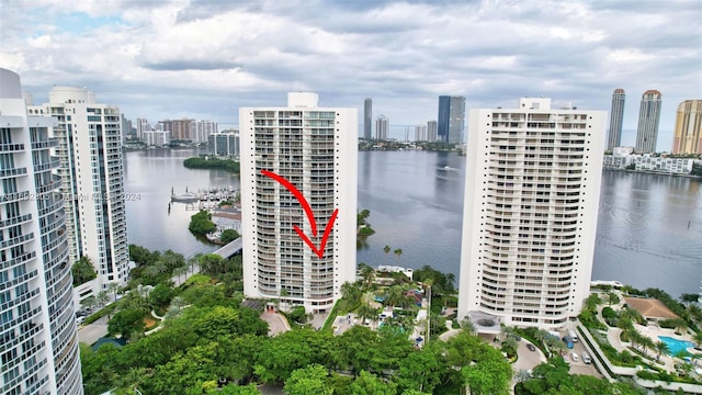 aerial view featuring a water view