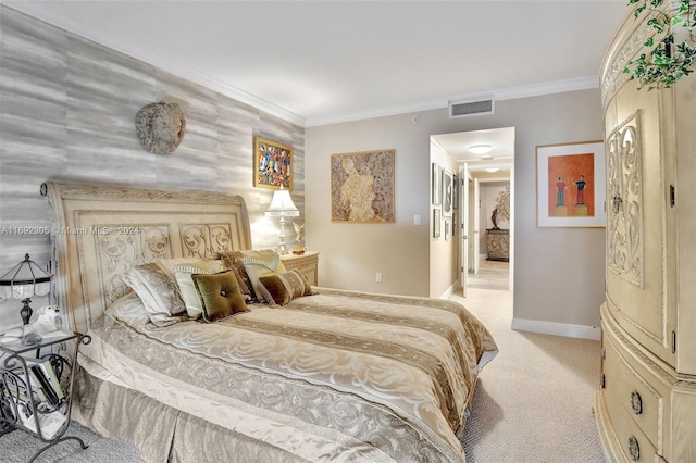 bedroom featuring light colored carpet and ornamental molding