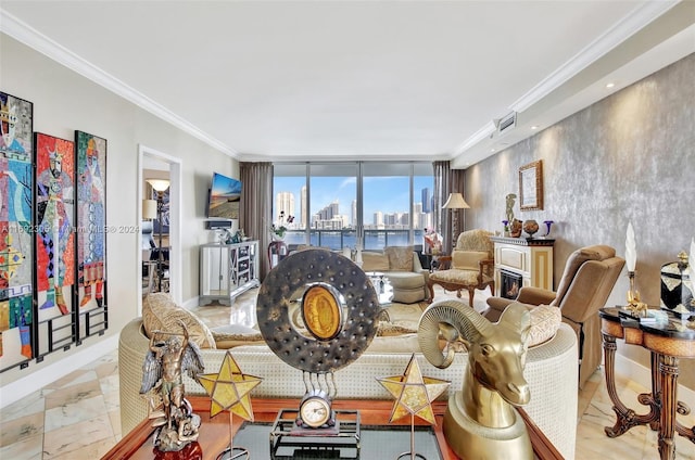 living room with floor to ceiling windows and ornamental molding