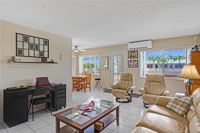 1015 SW 11th Ave Unit 11K, Hallandale Beach, FL 33009 - living area with a wall mounted AC, light tile patterned flooring, a textured ceiling, an office area, and a ceiling fan