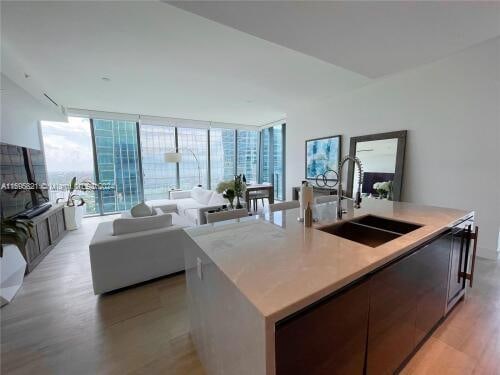 kitchen with a center island with sink, a healthy amount of sunlight, sink, and light hardwood / wood-style flooring