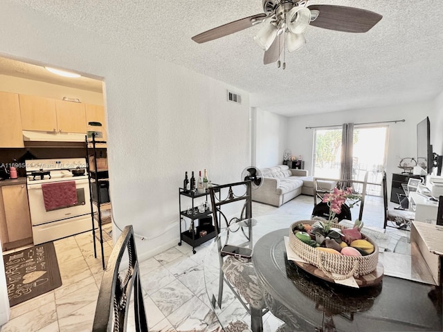 living room featuring ceiling fan and a textured ceiling