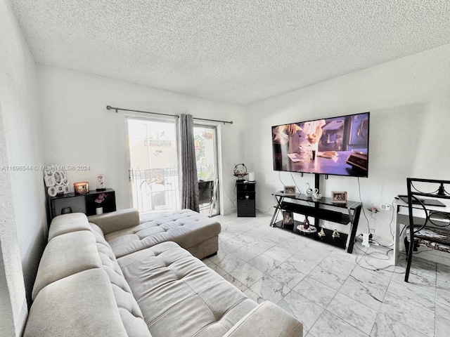 living room with a textured ceiling