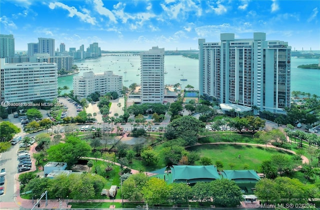 drone / aerial view with a water view