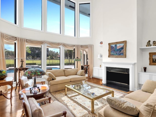 living room with a high ceiling and wood-type flooring