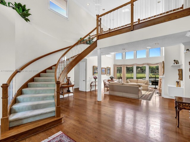 living room with dark hardwood / wood-style flooring and a high ceiling