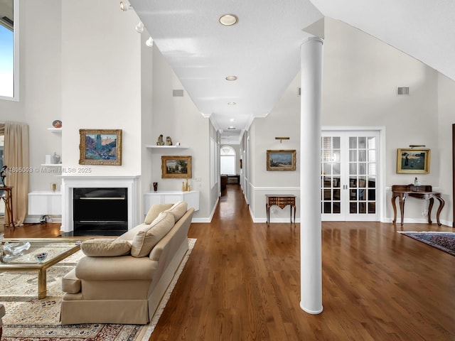 living room featuring a wealth of natural light, french doors, and dark wood-type flooring