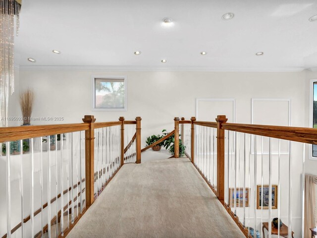 corridor featuring light colored carpet and ornamental molding