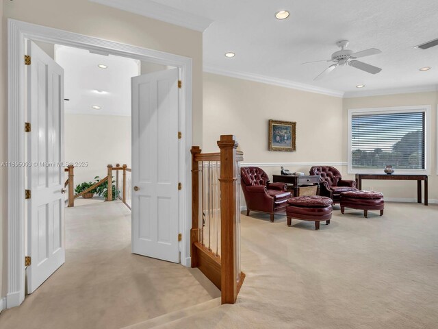 bathroom with shower with separate bathtub, vanity, and crown molding