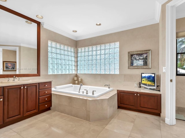 bathroom with tile patterned flooring, vanity, a relaxing tiled tub, and a wealth of natural light