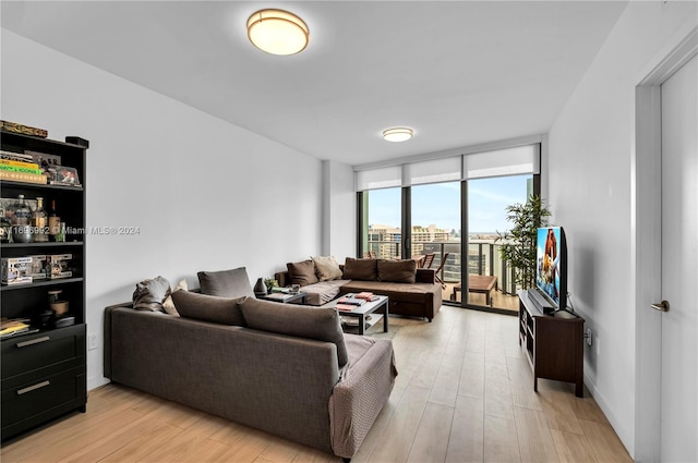 living room with light hardwood / wood-style floors and a wall of windows