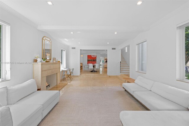 living room featuring crown molding and a fireplace