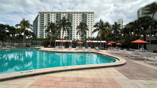 view of swimming pool featuring a patio