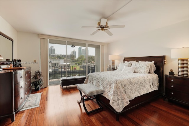 bedroom with access to outside, ceiling fan, and hardwood / wood-style floors