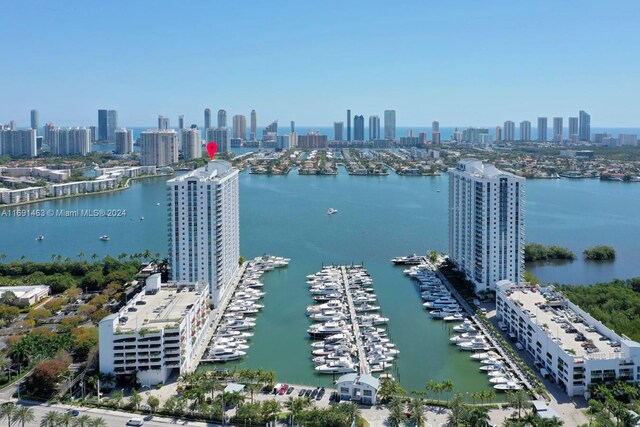 17301 Biscayne Blvd Unit 1404, North Miami, FL 33160 - drone / aerial view of skyline, a large body of water, and numerous boat docks