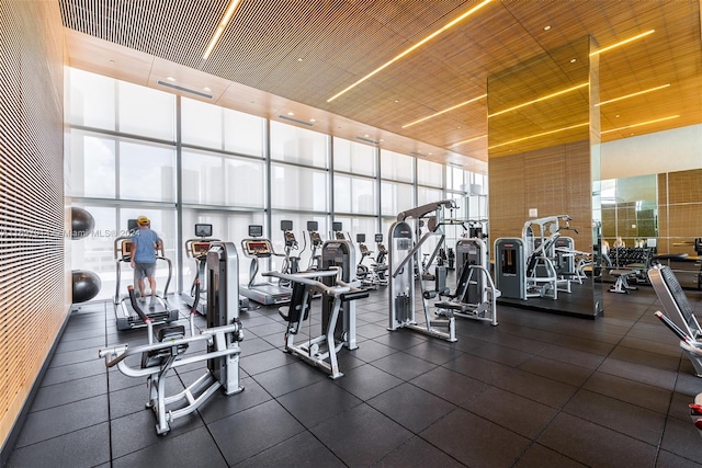 gym with expansive windows and a high ceiling