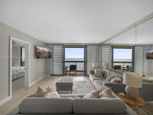 living room with light wood-type flooring and expansive windows