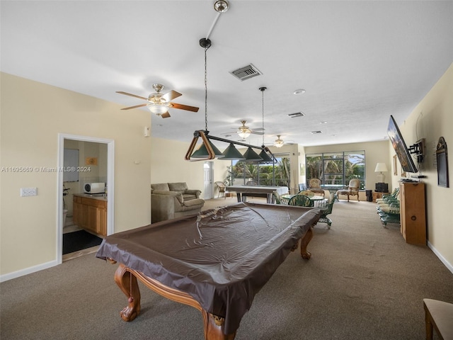 playroom with carpet, ceiling fan, and billiards