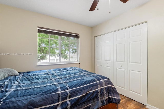 bedroom with hardwood / wood-style floors, a closet, and ceiling fan