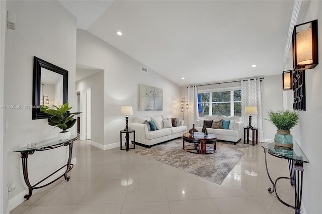 living room featuring light tile patterned flooring and lofted ceiling