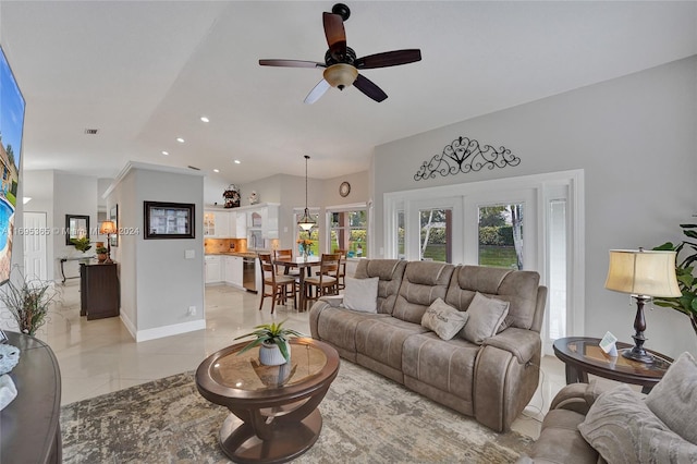 living room with ceiling fan