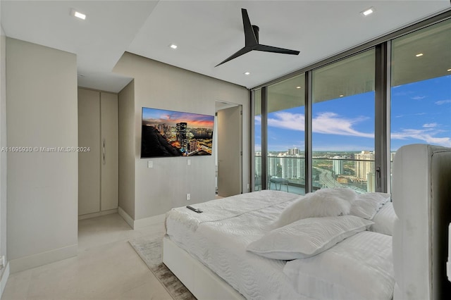 bedroom featuring access to outside and ceiling fan