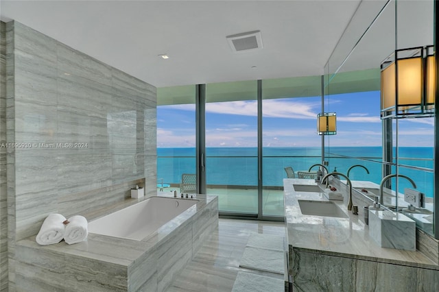 bathroom featuring vanity, a washtub, and a water view