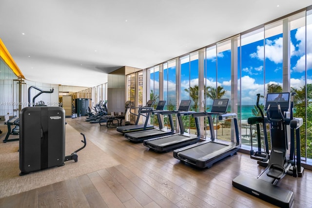 exercise room featuring wood-type flooring, a water view, and a wall of windows