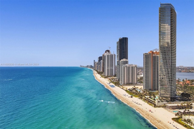 bird's eye view with a view of the beach and a water view