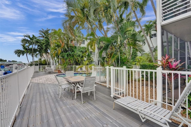 wooden terrace with a fenced in pool