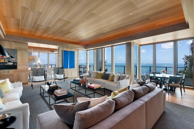 2627 S Bayshore Dr Unit 3201, Miami, FL 33133 - living area featuring a water view, wood ceiling, a tray ceiling, and wood finished floors