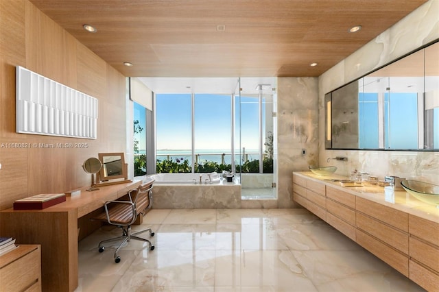 2627 S Bayshore Dr Unit 3201, Miami, FL 33133 - full bathroom with double vanity, wood ceiling, a bath, and marble finish floor