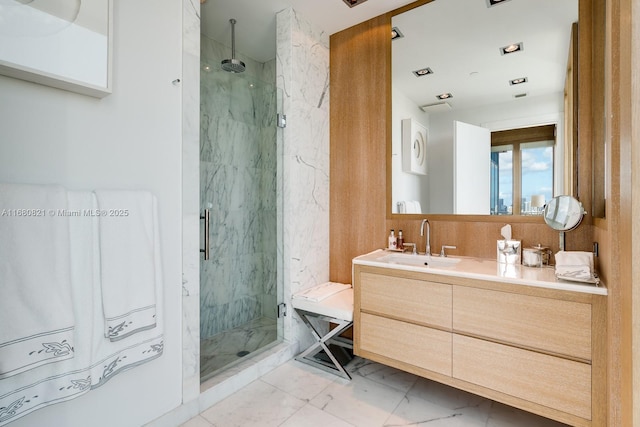2627 S Bayshore Dr Unit 3201, Miami, FL 33133 - bathroom featuring a marble finish shower, marble finish floor, and vanity