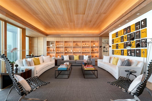 2627 S Bayshore Dr Unit 3201, Miami, FL 33133 - living area with carpet flooring, a tray ceiling, wooden ceiling, and built in shelves