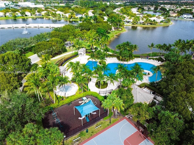 bird's eye view with a water view