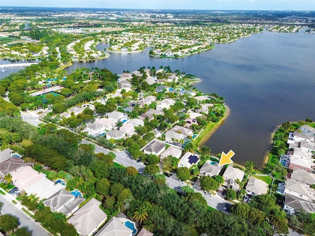 drone / aerial view featuring a water view