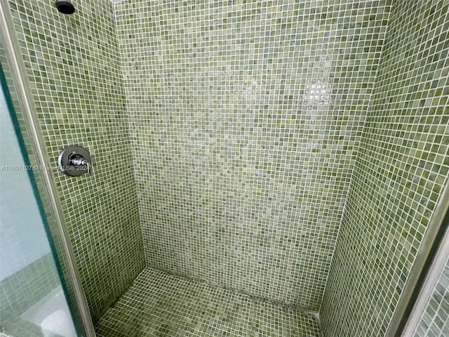 bathroom with a shower with shower door