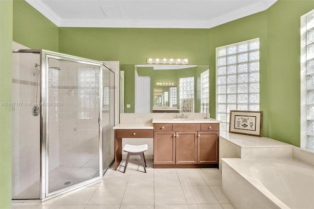 bathroom featuring separate shower and tub, tile patterned floors, vanity, and ornamental molding