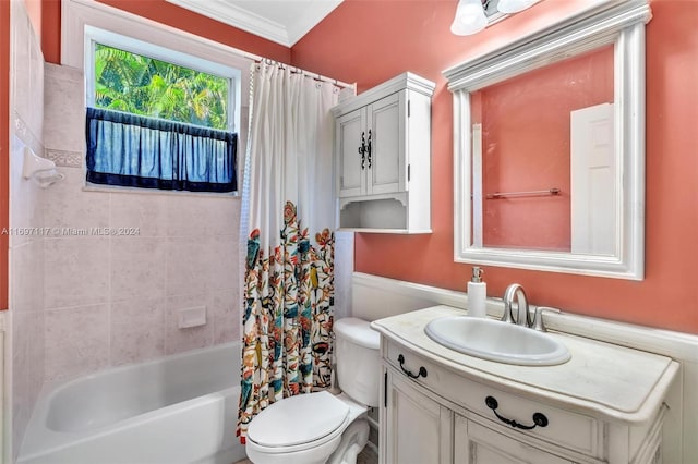 full bathroom with shower / bath combination with curtain, vanity, toilet, and crown molding