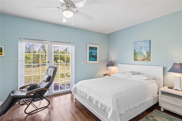 bedroom with access to outside, ceiling fan, and dark hardwood / wood-style floors