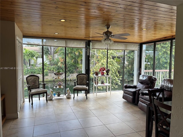 sunroom / solarium featuring wooden ceiling and ceiling fan